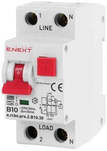 Вимикач диференційного струму з захистом від надструмів e.rcbo.pro.2.B10.30, 1P+N, 10А, В, тип А, 30мА p0720005 фото